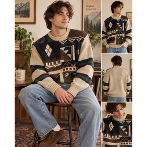 Vintage 90s Cattivo Studio Men L Wool Blend Geometric Grandpa Sweater Abstract